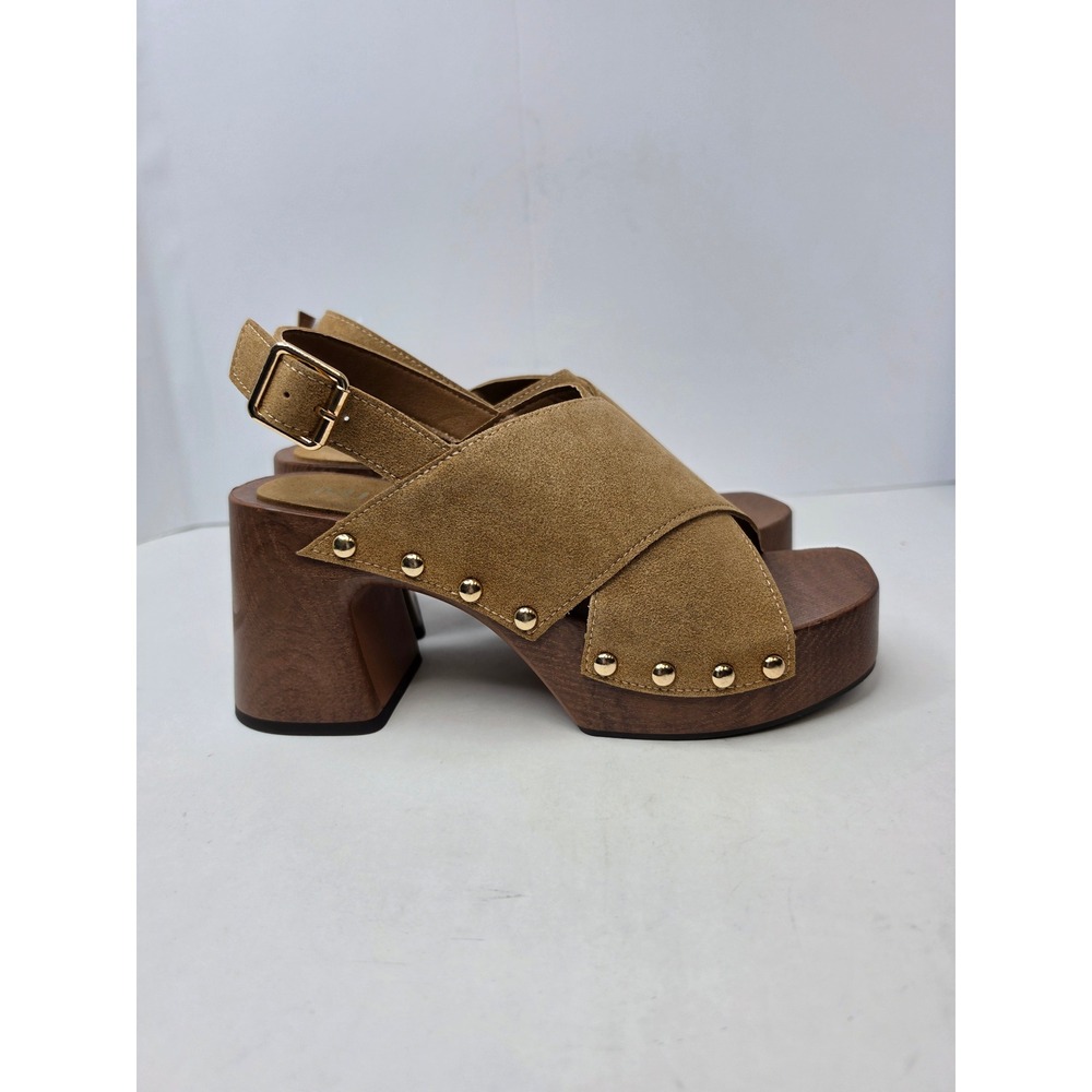 MIA Eudora Slingback Wooden Platform Tan Sandal Size 7.5 Retro Vegan